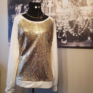 BNWOT BOUTIQUE GOLD AND WHITE SEQUIN Pullover sweatshirt XL fit